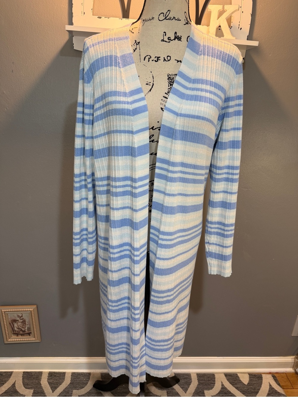 TIME & TRU BLUE/WHITE STRIPED OPEN LONG CARDIGAN SZ XL (16-18)